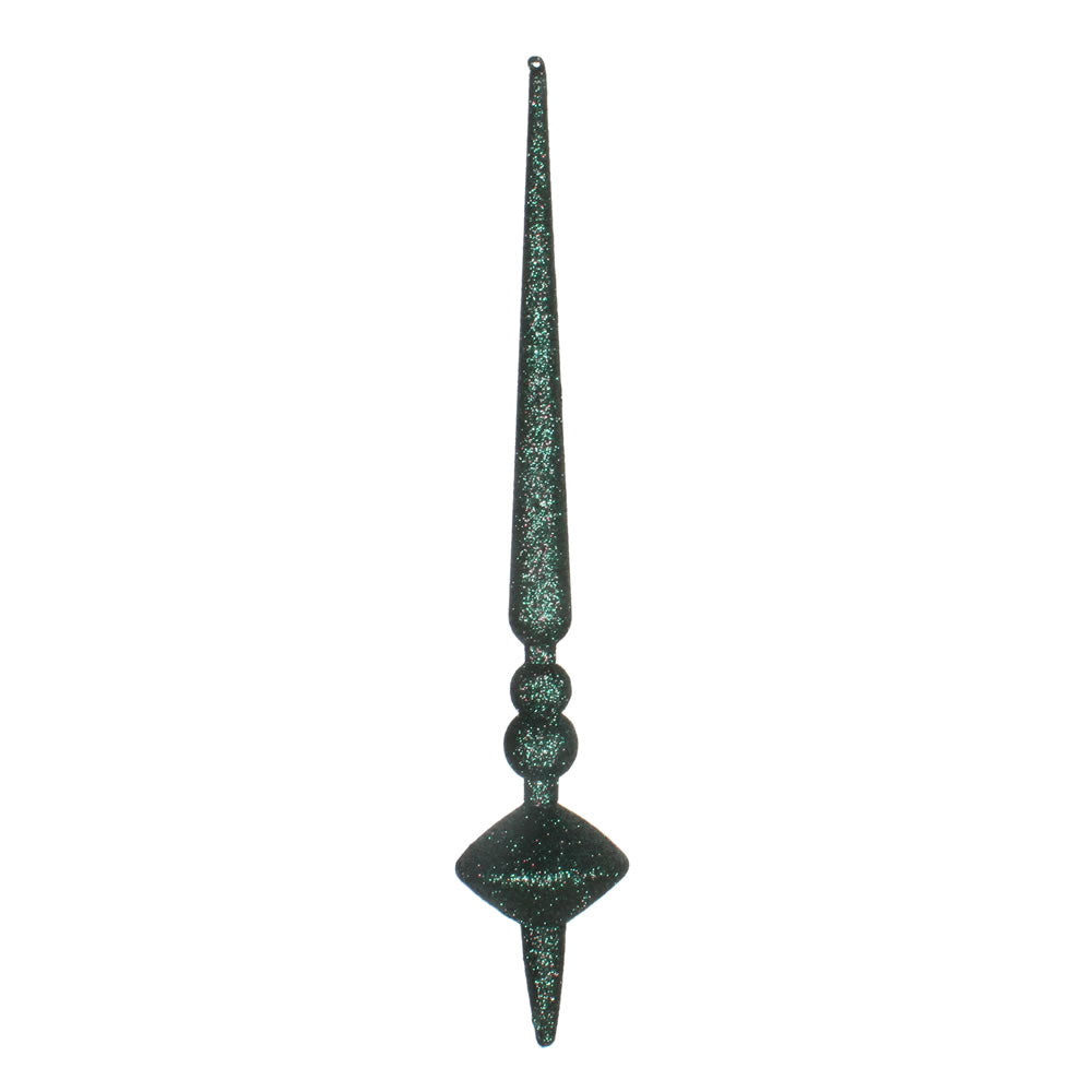 Vickerman 12" Midnight Green Glitter Cupola Finial. This long finial ornament adds depth and texture to any holiday decorating project. Made with shatterproof plastic. Includes 3 pieces per bag.