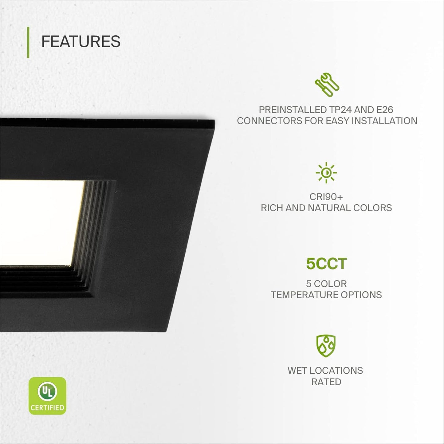 ASD Lighting LED Square Downlight Retrofit Kit 6" 12W 120V CCT Selectable 2700/3000/3500/4000/5000K Dimmable PC, Baffle Trim, Black UL 6pack