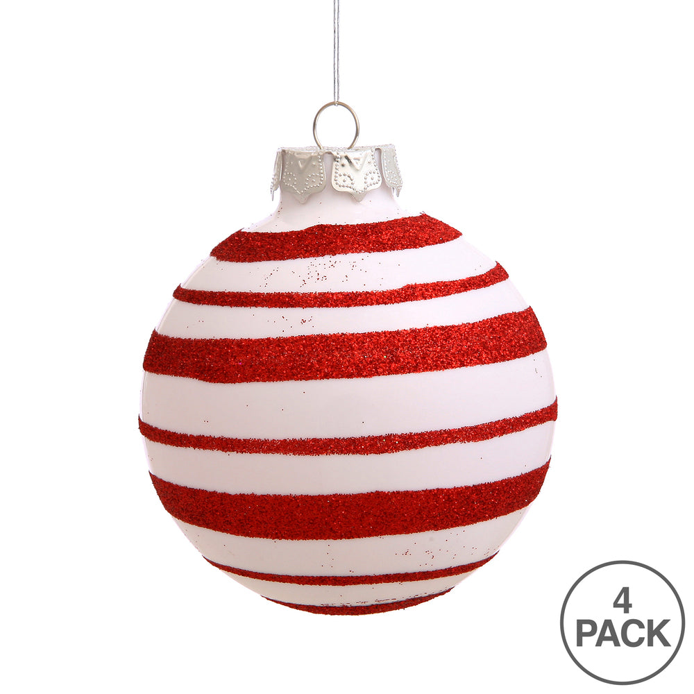 Vickerman 3" White and Red Glitter Stripe Ball Ornament 4 per Box