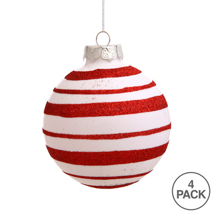 Vickerman 3" White and Red Glitter Stripe Ball Ornament 4 per Box