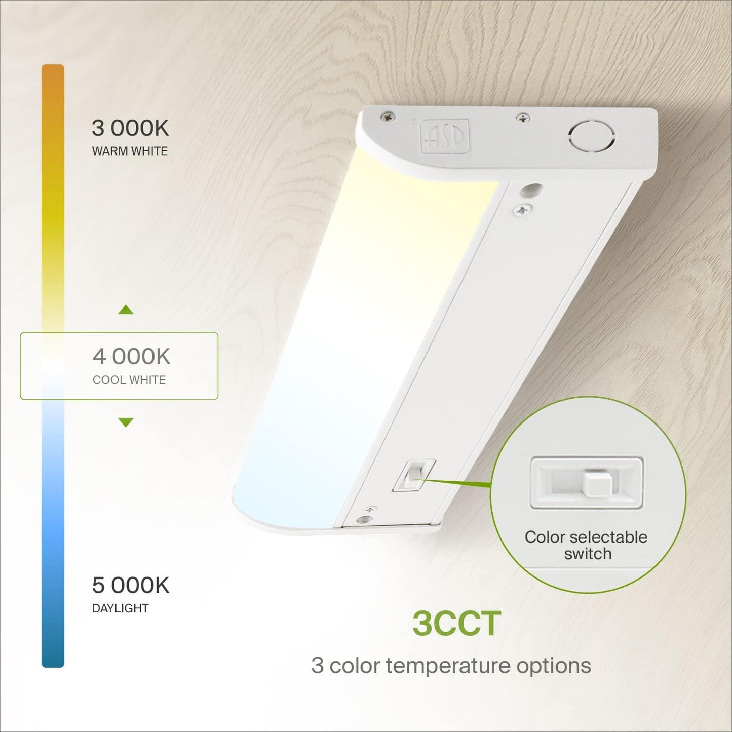 ASD Lighting LED Under Cabinet Bullnose 9" 3W 120V Dimmable CCT Selectable 3000/4000/5000K Hardwired, On/Off Switch, White ETL Energy Star