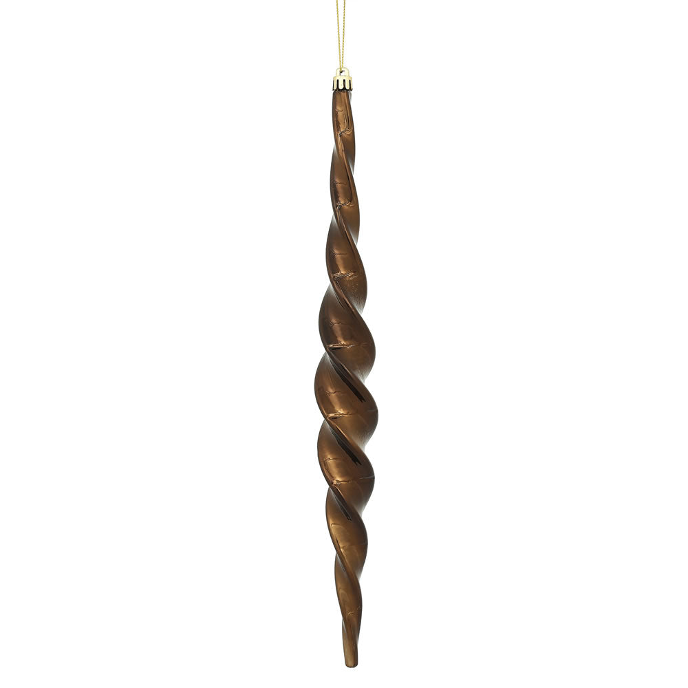 Vickerman 14.6" Chocolate Shiny Spiral Icicle Ornament with drilled and wired caps. Comes 2 per Box.