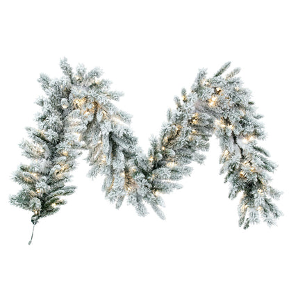 Vickerman 9' x 14" Flocked Utica Fir Artificial Pre-Lit Garland with 100 Pure White LED Mini Lights and 230 Realistic Flocked PVC Tips