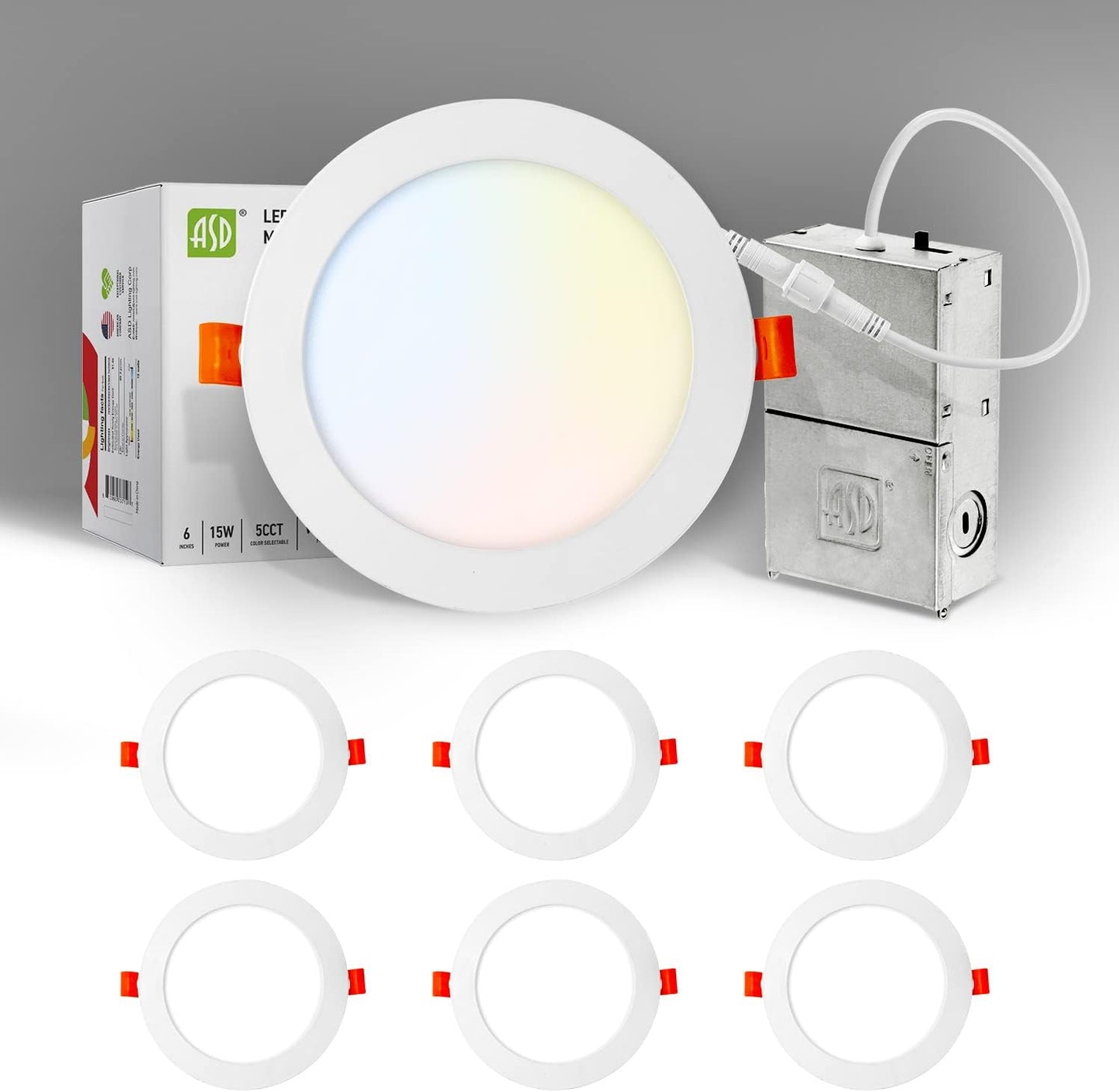 ASD Lighting LED Round Recessed Mini Panel 6" 15W 120V Dimmable CCT Selectable 2700/3000/3500/4000/5000K White UL Energy Star 6PACK