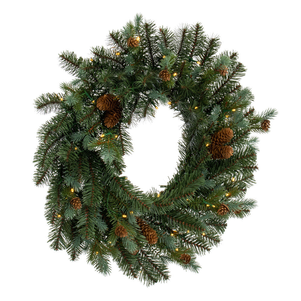 Vickerman 24" Blue Spruce Pine Cone Artificial Pre-Lit Wreath Battery Operated LED Warm White Lights