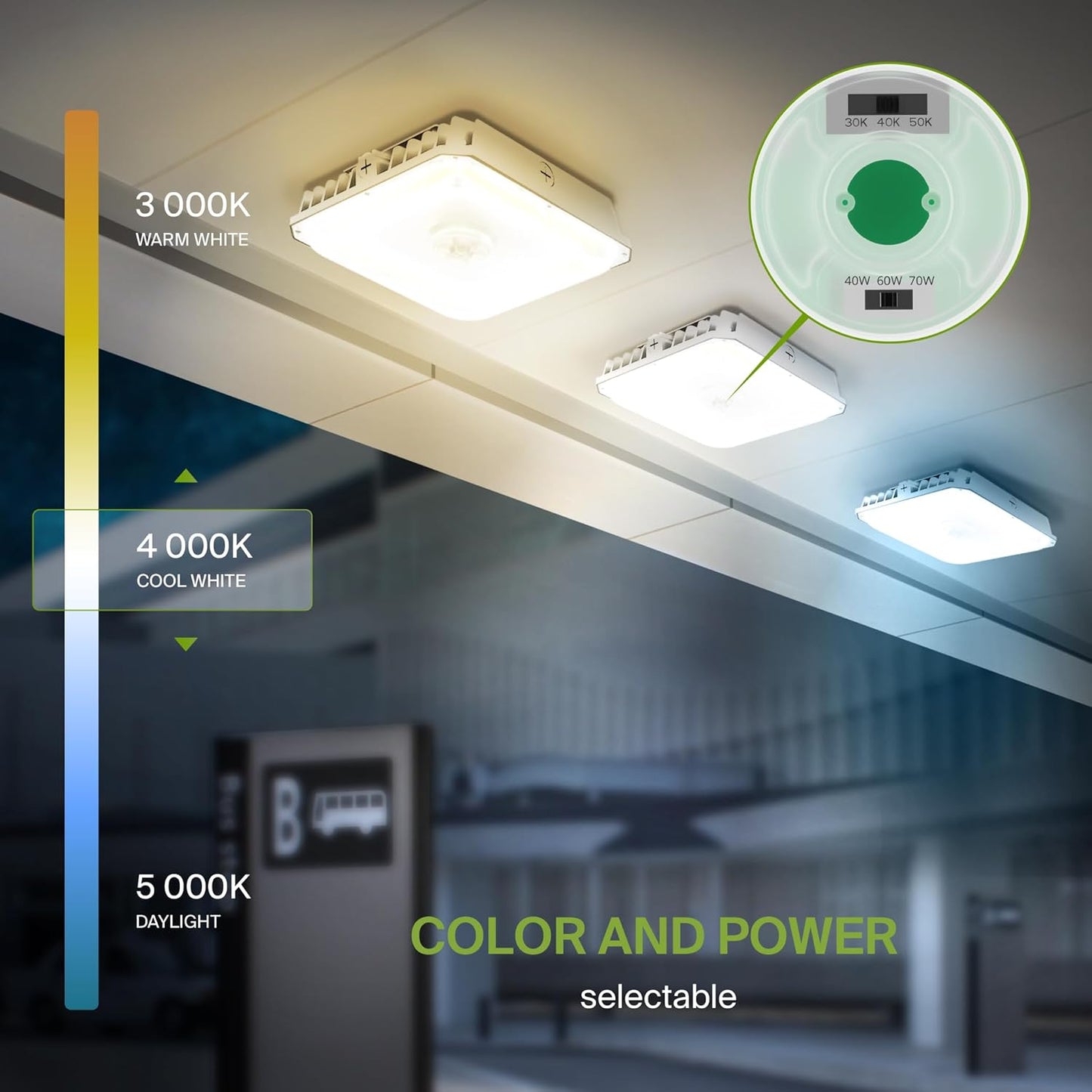 ASD Lighting LED Low-Profile Canopy with Q-base 70W 120-277V 0-10V Dimmable 140Lm/W 3000/4000/5000K White UL DLC Premium