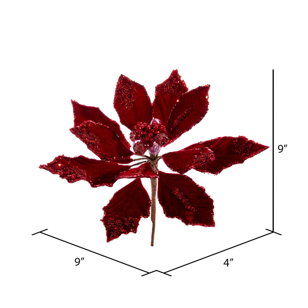 Vickerman 9" Artificial Red Double Sided Velvet Poinsettia Christmas Pick 2 per bag