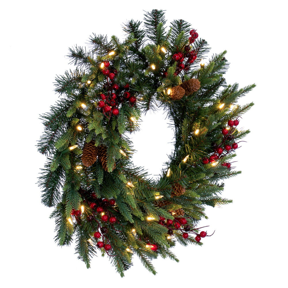Vickerman 24" Berry Mixed Pine Cone Artificial Pre-Lit Wreath Dura-Lit® Warm White LED Mini Lights.
