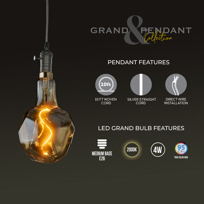 Bulbrite LED Grand Bulb and Pendant Kit of (1) 4 Watt Antique Glass 12" Jewel Shaped Bulb and (1) Gunmetal Black Open Socket Pendant on Silver Fabric Braided Cord - 2000K (Amber Light)