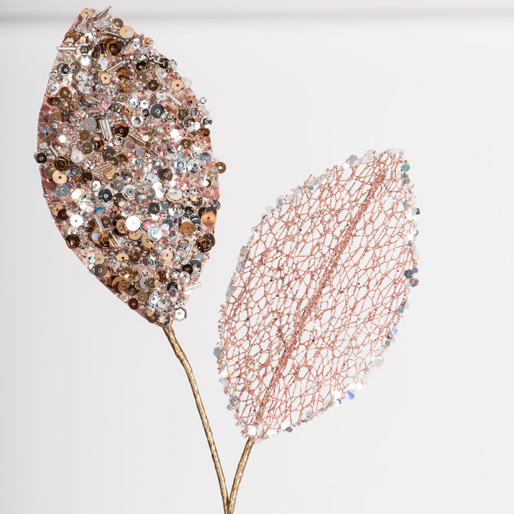 Vickerman 20" Rose Gold Mesh Apple Leaf Artificial Christmas Spray. Includes 3 sprays per pack.