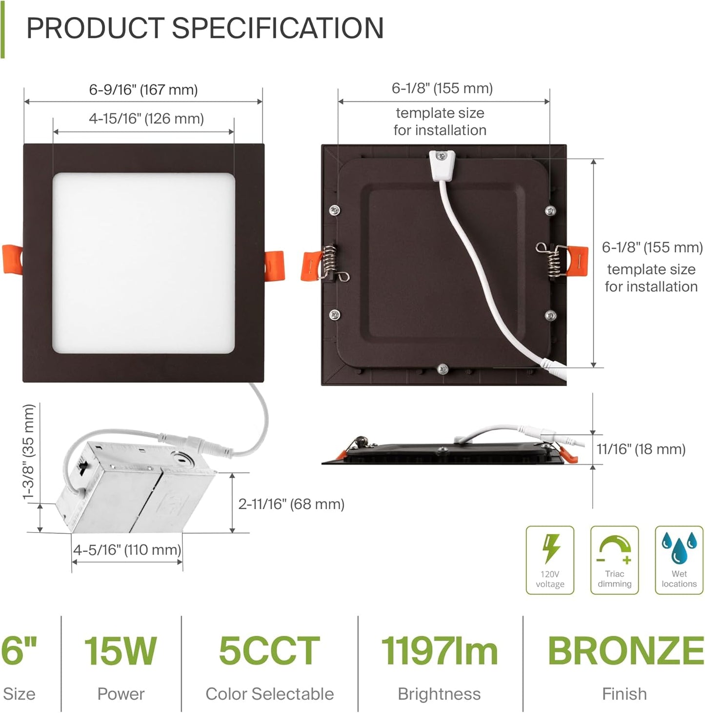 ASD Lighting LED Recessed Mini Panel Square 6inch 15W 120V Triac 2700/3000/3500/4000/5000K Bronze UL Energy Star 6 pack