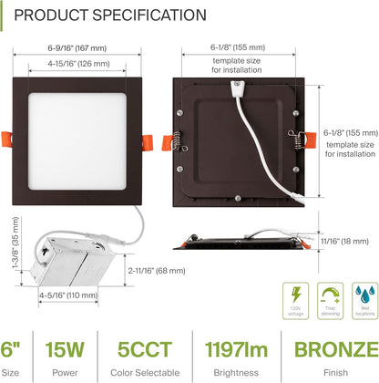 ASD Lighting LED Recessed Mini Panel Square 6inch 15W 120V Triac 2700/3000/3500/4000/5000K Bronze UL Energy Star 6 pack
