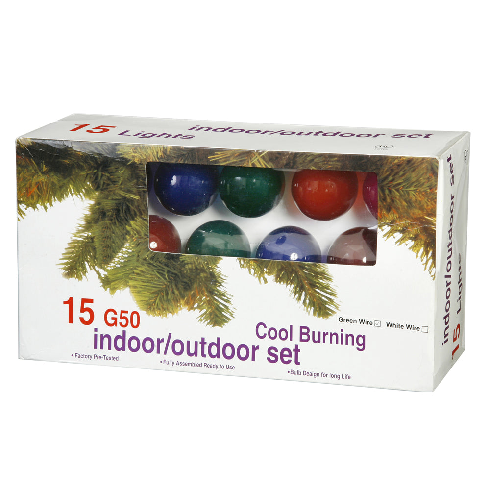 Vickerman 15 Multi-Colored G50 Light on Green Wire 15' Christmas Light Strand