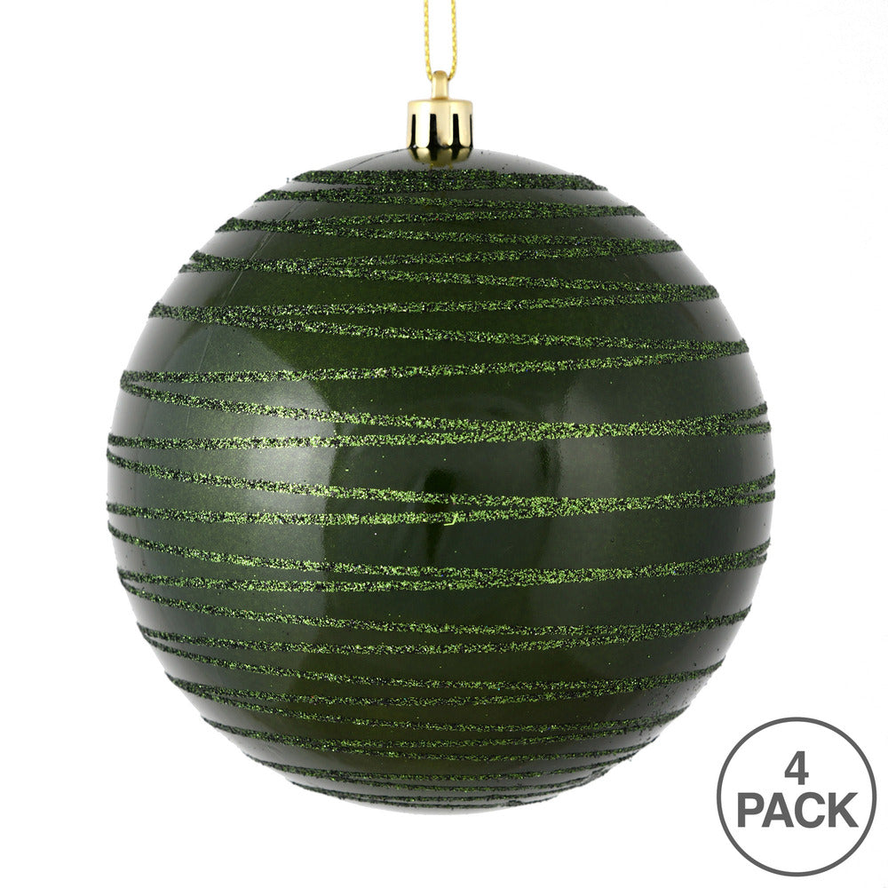 Vickerman 4" Moss Green Candy Finish Ball Ornament with Glitter Lines 4 per Bag