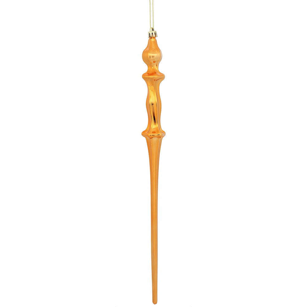 Vickerman 15.7" Burnished Orange Shiny Icicle Ornament with drilled and wired caps. Comes 3 per Box.