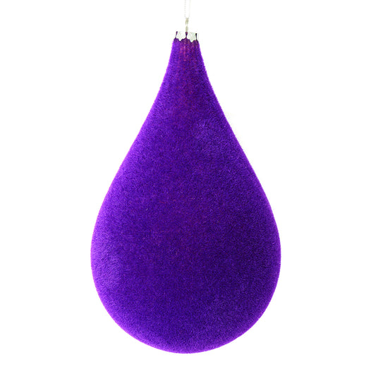 Vickerman 10.5" Purple Flocked Waterdrop Ornament. This ornament has a soft layer of colored flock that will add texture to any holiday decorating project. Includes 2 pieces per bag.