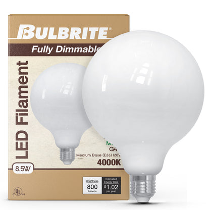 Bulbrite 862095 LED Filament Pack of (2) 8.5 Watt Dimmable G40 Light Bulb with Milky Glass Finish and Medium (E26) Base - 4000K (Cool White Light), 800 Lumens