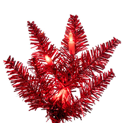 Vickerman 6.5' x 28 Red Tinsel Pencil Artificial Pre-Lit Christmas Tree with 400 Dura-Lit® Red LED Mini Lights. It measures 78 inches tall, and 28 inches wide, which is considered a pencil profile. This tree boasts 712 tips for a realistic look. Pre-lit w