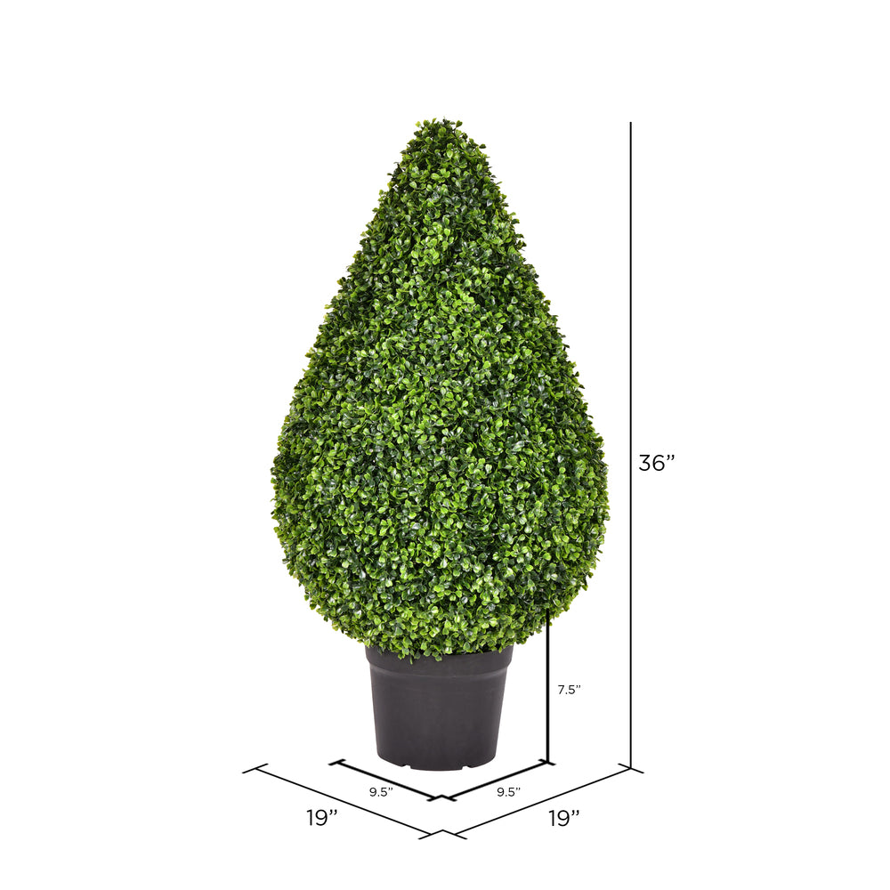 Vickerman 36" Artificial Boxwood Teardrop Shaped Bush Black Plastic Pot.