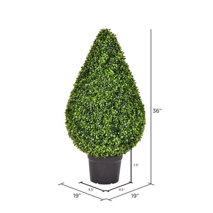 Vickerman 36" Artificial Boxwood Teardrop Shaped Bush Black Plastic Pot.