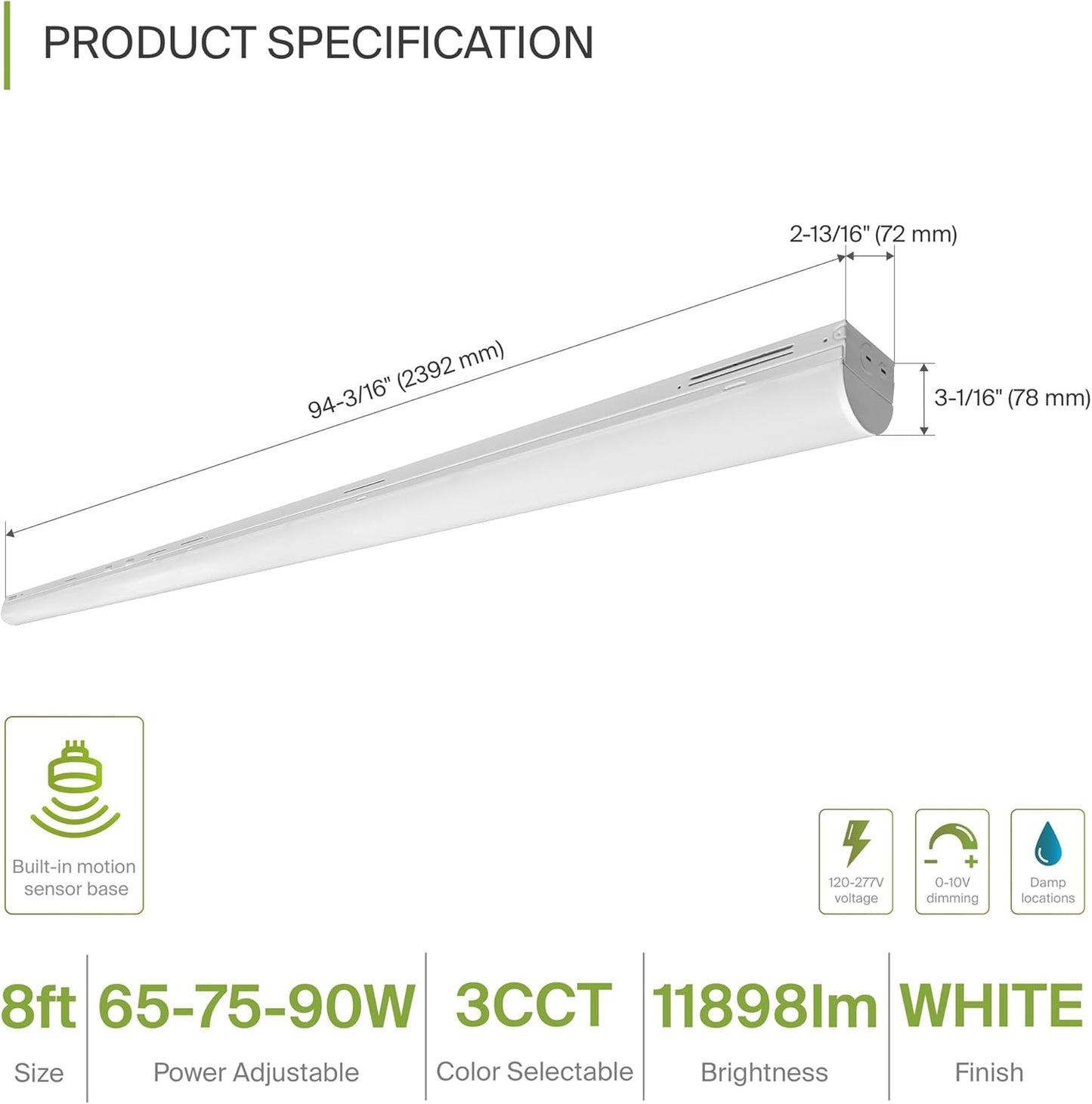 ASD Lighting LED Striplight Fixture with Q-base 8feet Power Adjustable 65/75/90W 120-277V CCT Selectable 3500/4000/5000K Dimmable White UL DLC Standard
