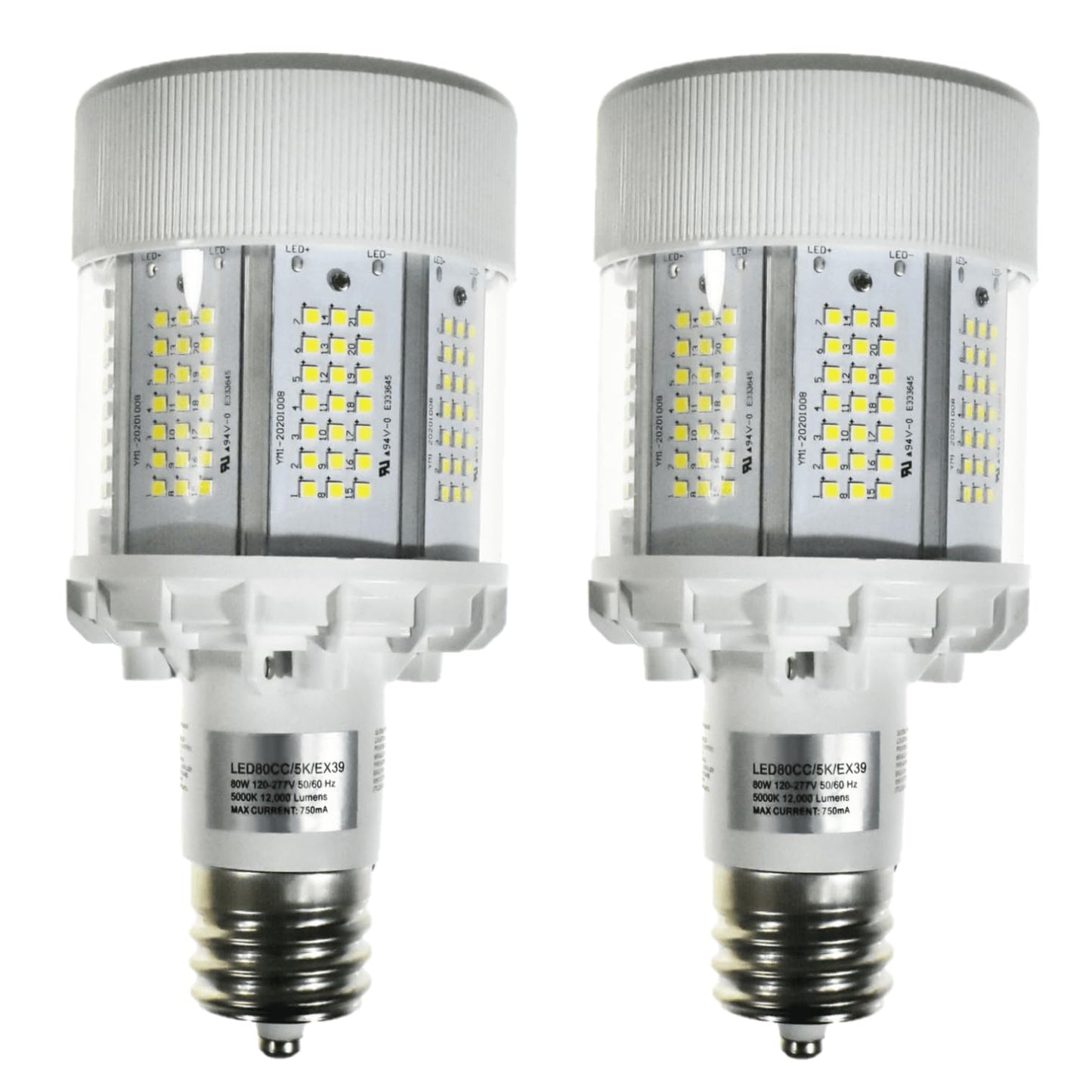 Damar- LED Corn Cob Bright Light Bulb Type B Ballast Bypass 80W 12,000 Lumen 5000K Bright White EX39 Base Non-Dimmable 300? Beam Angle 120-277VAC Dry/Damp Rated Pack of 2- For Warehouse Garage Patio