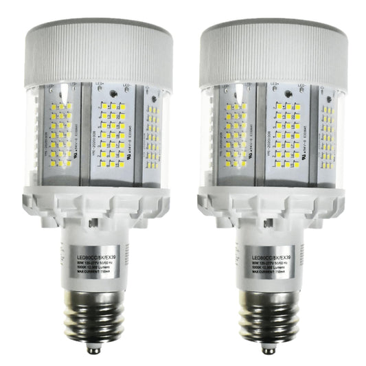 Damar- LED Corn Cob Bright Light Bulb Type B Ballast Bypass 80W 12,000 Lumen 5000K Bright White EX39 Base Non-Dimmable 300? Beam Angle 120-277VAC Dry/Damp Rated Pack of 2- For Warehouse Garage Patio