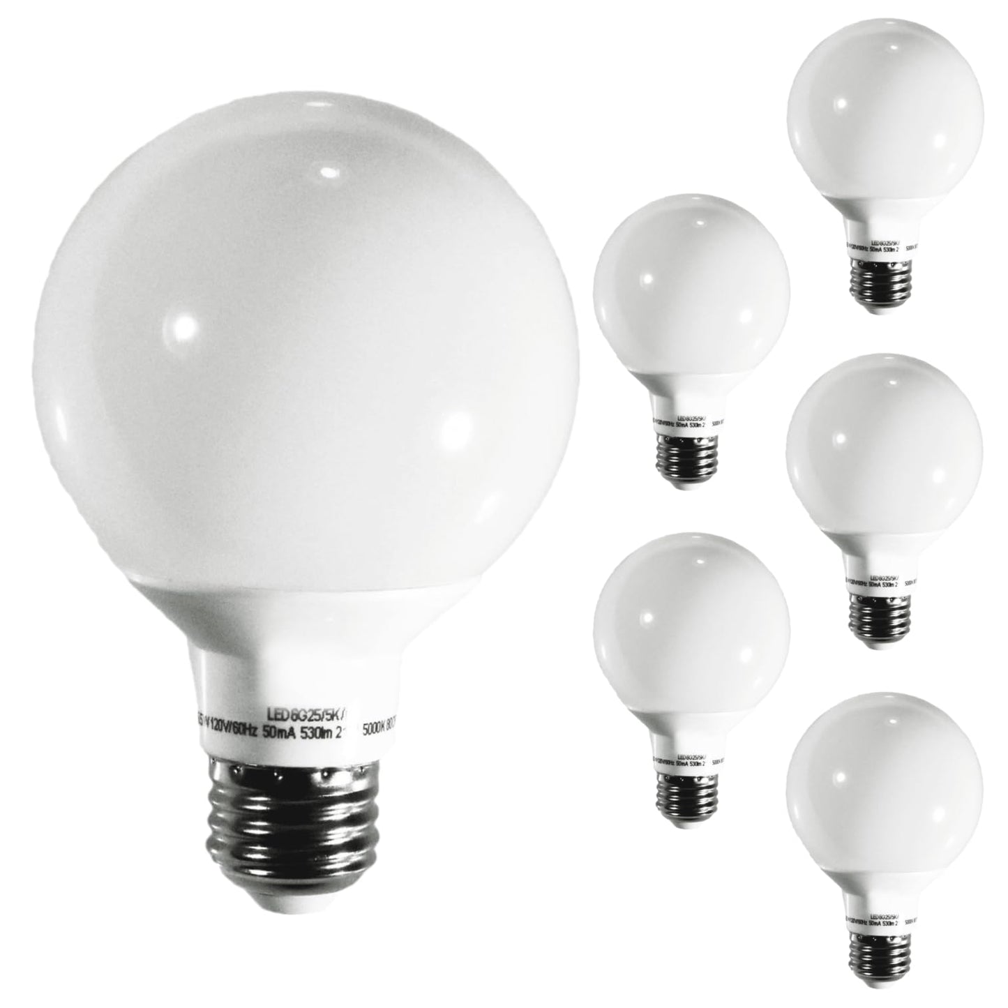 Damar- G25 Globe Light Bulbs White Round Vanity LED Lamp 6W 530 Lumens E26 Medium Base 5000K Bright White Dimmable Pack of 6- for Bathroom Makeup Mirror Bedroom