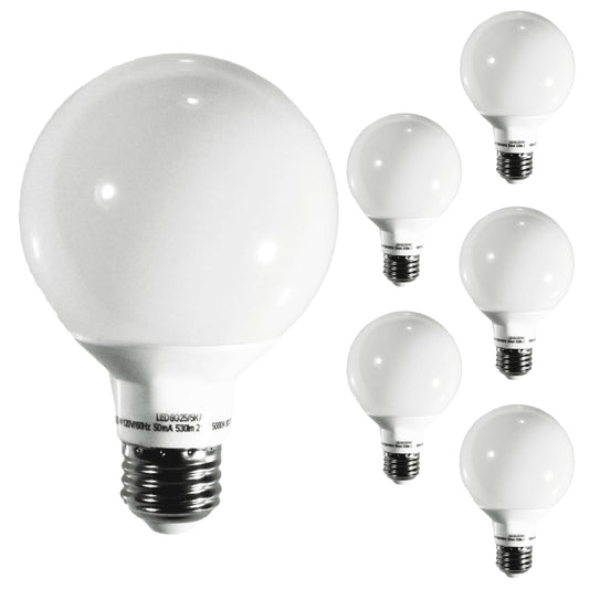 Damar- G25 Globe Light Bulbs White Round Vanity LED Lamp 6W 530 Lumens E26 Medium Base 5000K Bright White Dimmable Pack of 6- for Bathroom Makeup Mirror Bedroom