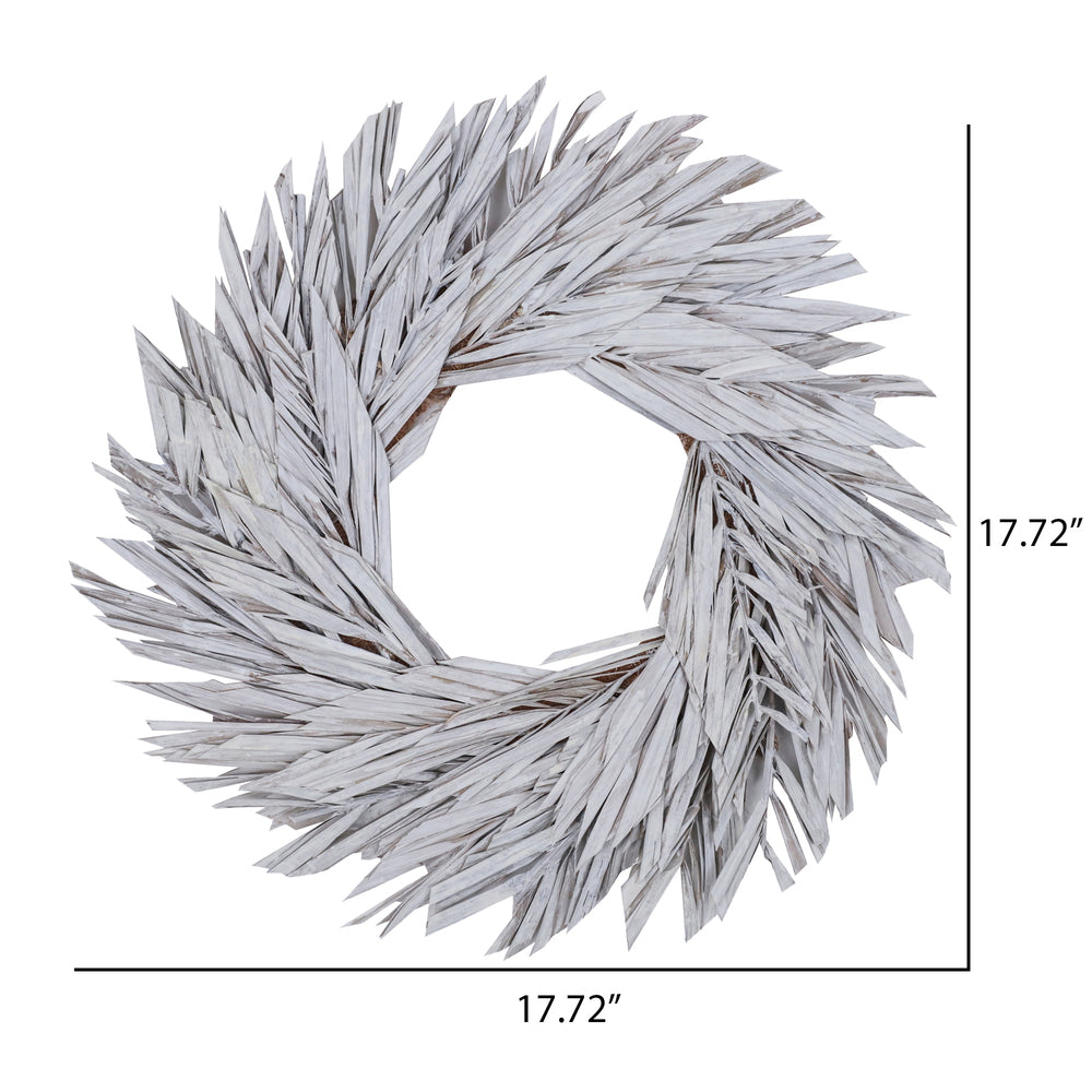 Vickerman Natural Botanicals 17" White Washed Canna Leaf Wreath.  This wreath measures 17 inches in diameter. It features white washed canna leaves on a coco fiber base. This is a dried and preserved natural product.