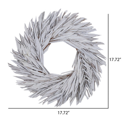 Vickerman Natural Botanicals 17" White Washed Canna Leaf Wreath.  This wreath measures 17 inches in diameter. It features white washed canna leaves on a coco fiber base. This is a dried and preserved natural product.