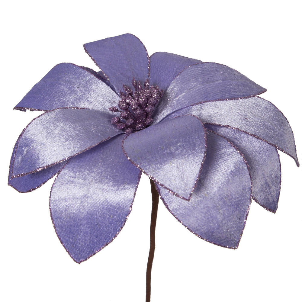 Vickerman 22" Lavender Velvet Sheen Glitter Trim Poinsettia Stem 4 per bag.