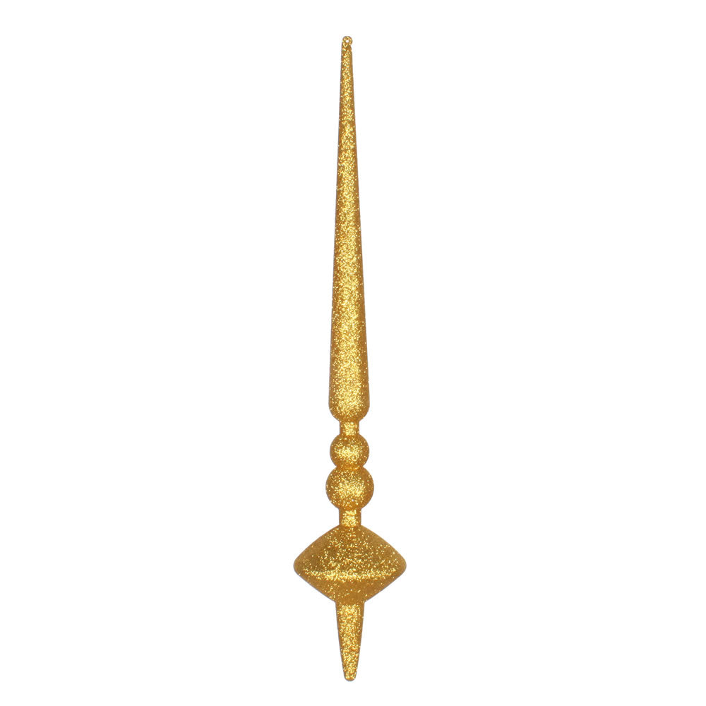 Vickerman 18" Antique Gold Glitter Cupola Finial. This long finial ornament adds depth and texture to any holiday decorating project. Made with shatterproof plastic.