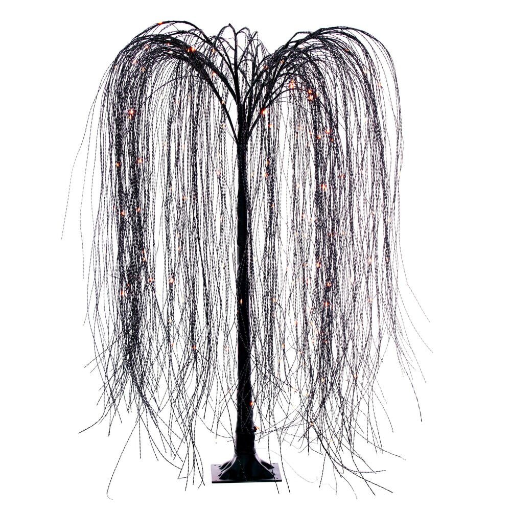 Vickerman 4' x 35" Black Willow Twig Artificial Pre-Lit Halloween Tree with 170 Purple and Orange LED Dot Lights. It measures 48 inches tall, and 35 inches wide, with the branches shaped about parallel to the floor. Pre-lit with 170 Dot LED Lights, the li