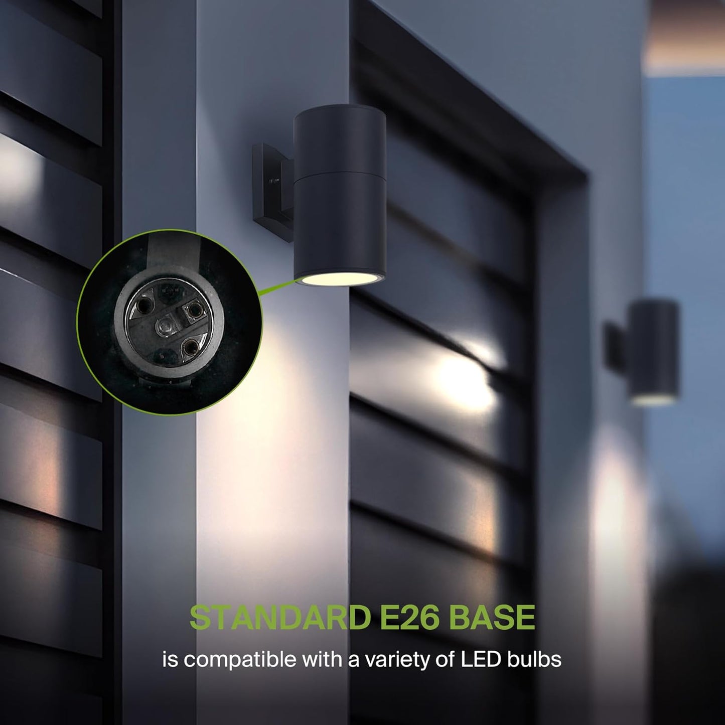 ASD Lighting BULB Round Outdoor Wall Cylinder, Up Or Downlight Fixture, 120V, 6.44Wide, 50°, 60W Max, Black Finish, 2 Pack