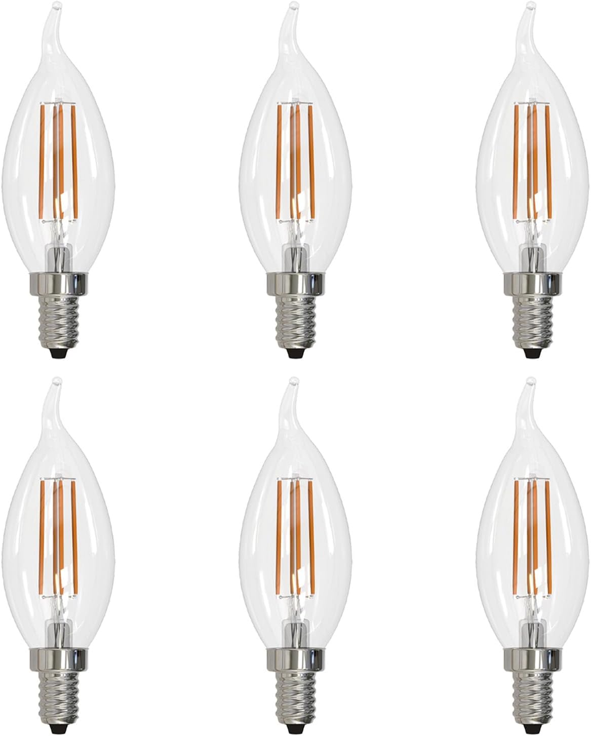 Sunlite LED Filament CA11 Flame Tip Chandelier Light Bulb, 5.5 Watts (60W=), 600 Lumens, Candelabra Base (E12), Edison Style, 90 CRI, Dimmable, UL Listed, 3000K Warm White, 6 Count