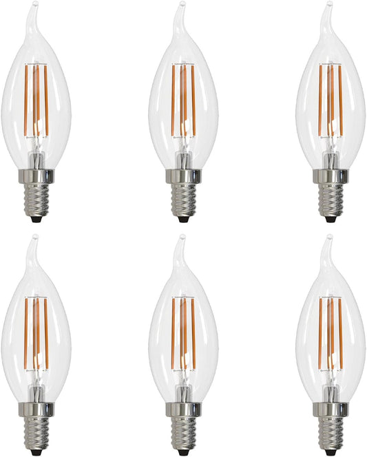 Sunlite LED Filament CA11 Flame Tip Chandelier Light Bulb, 5.5 Watts (60W=), 600 Lumens, Candelabra Base (E12), Edison Style, 90 CRI, Dimmable, UL Listed, 3000K Warm White, 6 Count