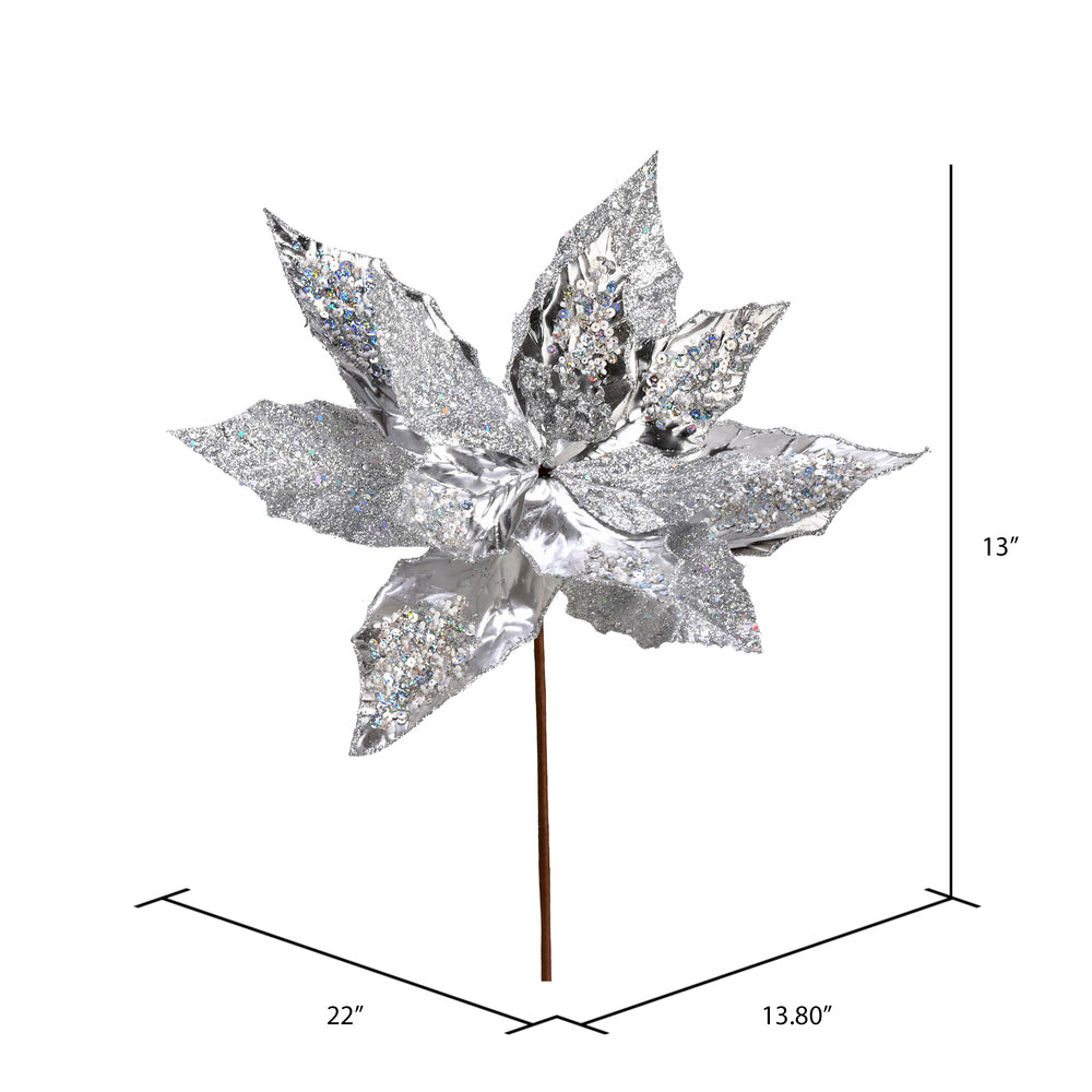 Vickerman 13" x 22" Silver Poinsettia Sequin Artificial Christmas Spray. Includes 6 sprays per pack.