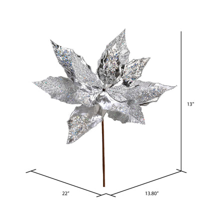 Vickerman 13" x 22" Silver Poinsettia Sequin Artificial Christmas Spray. Includes 6 sprays per pack.