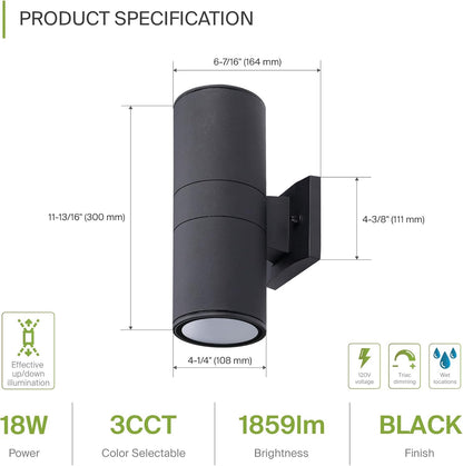 ASD Lighting LED Outdoor Wall Cylinder Round Up and Down 18W 120V Triac 3000/4000/5000K Black ETL