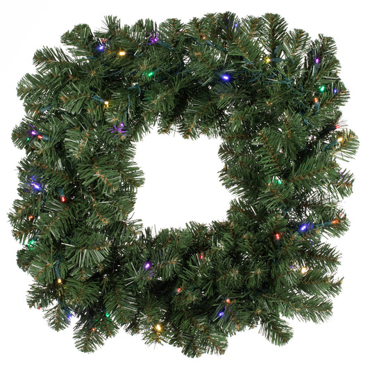 Vickerman 24" Oregon Fir Artificial Christmas Square Wreath Multi-colored Single Mold LED Wide Angle Lights