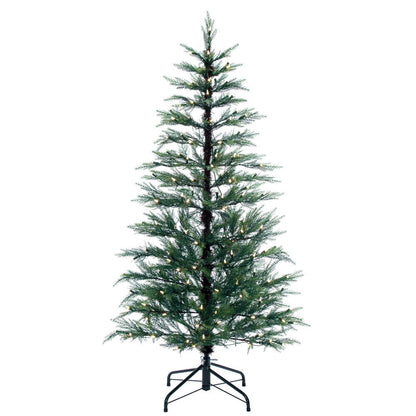 Vickerman 5' x 34" Western Cedar Artificial Slim Pre-Lit Christmas Tree with 100 Dura-Lit® Warm White Mini Lights, 396 Realistic PE/PVC Tips, Step On/Off Foot Pedal Switch and Folding Metal Tree Stand