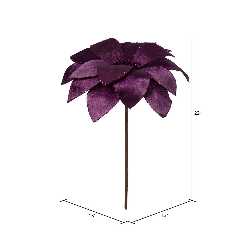 Vickerman 22" Purple Velvet Sheen Glitter Trim Poinsettia Stem 4 per bag.