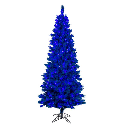 Vickerman 7.5' x 40" Flocked Turquoise Fir Artificial Slim Christmas Tree with Turquoise LED Lights.