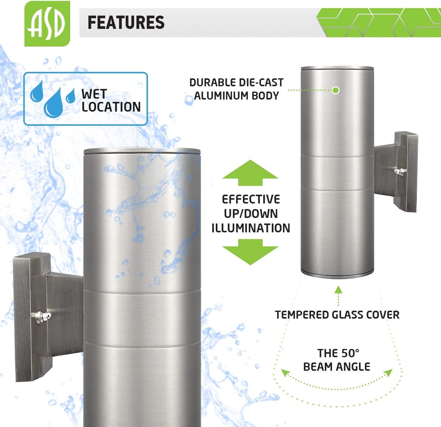 ASD Lighting LED Round Outdoor Wall Cylinder Up and Down 18W 3000K Stainless Steel cETLus