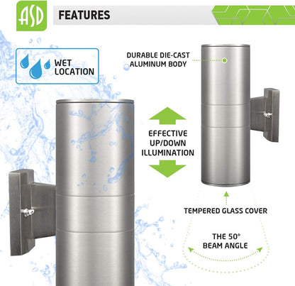 ASD Lighting LED Round Outdoor Wall Cylinder Up and Down 18W 3000K Stainless Steel cETLus