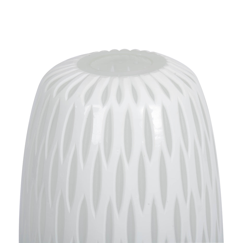 Vickerman 13" White Frosted Glass Vase. This lightly frosted vase is accented with a white diamond pattern. Pair this vase with your favorite faux floral for the perfect finishing touch. Each vase is slightly unique because each piece is hand blown. This