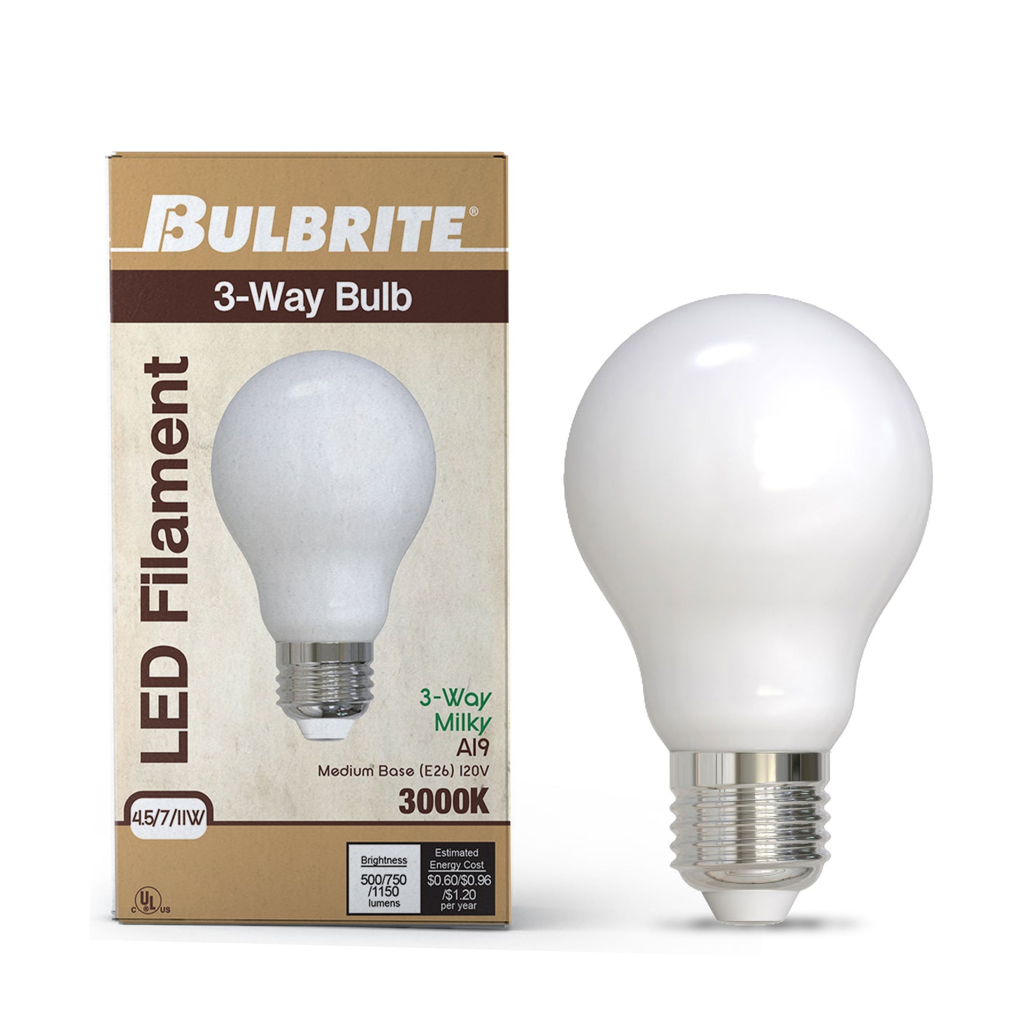 Bulbrite 776521 5/8/10W (40/60/75W Equiv.) Soft White (2700K) A19 E26 Base 3-Way LED Light Bulb