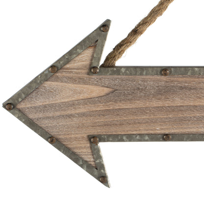 Vickerman 22" Rustic Arrow with Rope Hanger. This arrow features a wood body with a metal edge and a jute rope hanger. This arrow is the perfect wall decor that can incorporate into modern and rustic decor. It measures 22" L x 6.75" H x 0.25" W.   70% WOO