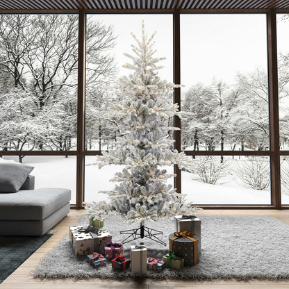 Vickerman 7.5' x 57" Flocked Yukon Display Artificial Christmas Tree with Warm White LED Lights.